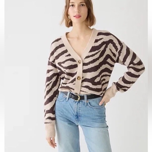 J. Crew Sweaters - J CREW Ribbed V-neck Alpaca Wool blend cardigan sweater in zebra stripe Size L